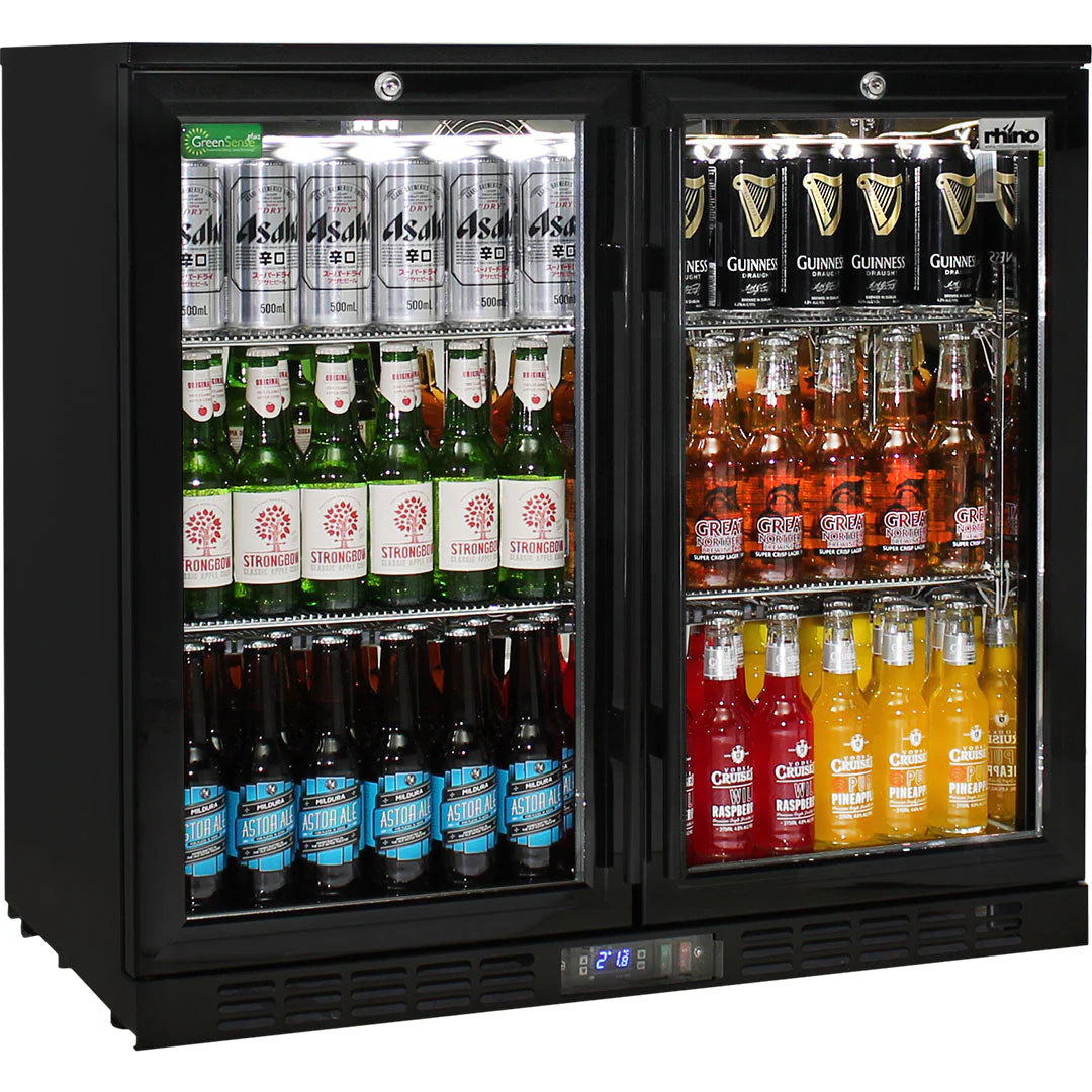 Commercial Under Bench Black Heated Glass Double Door Bar Fridge