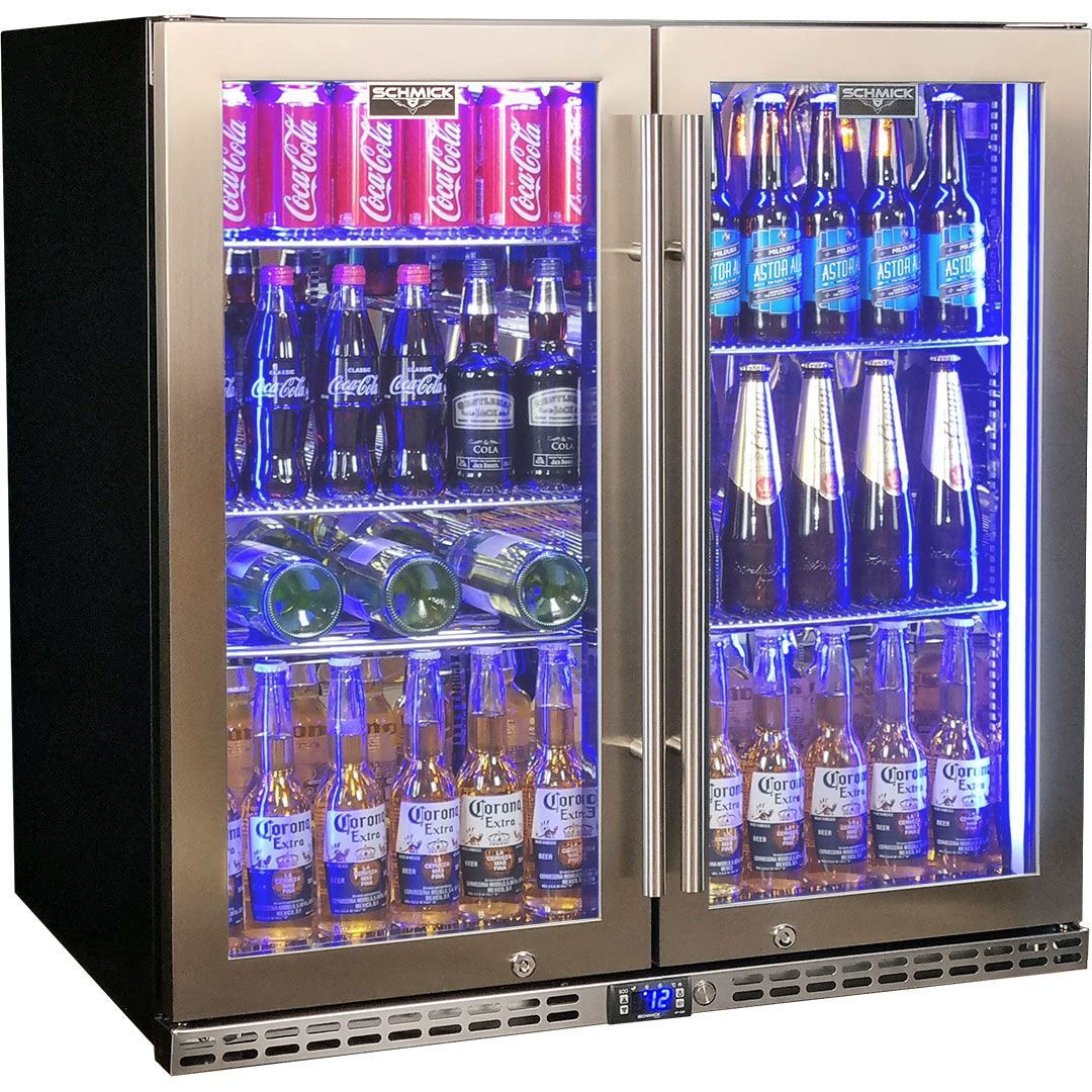 Schmick Quiet Running Under Bench Heated Glass 2 Door Bar Fridge