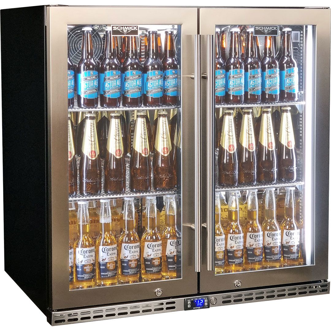 Schmick Quiet Running Under Bench Heated Glass 2 Door Bar Fridge