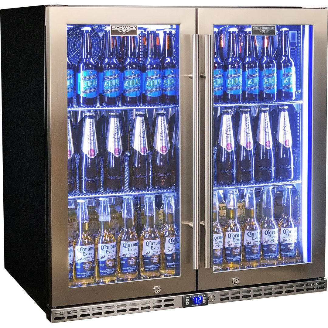 Schmick Quiet Running Under Bench Heated Glass 2 Door Bar Fridge