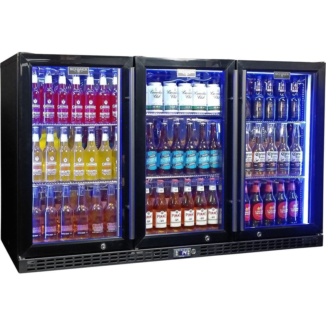 Schmick Black 3 Door Quiet Running Heated Glass Door Bar Fridge