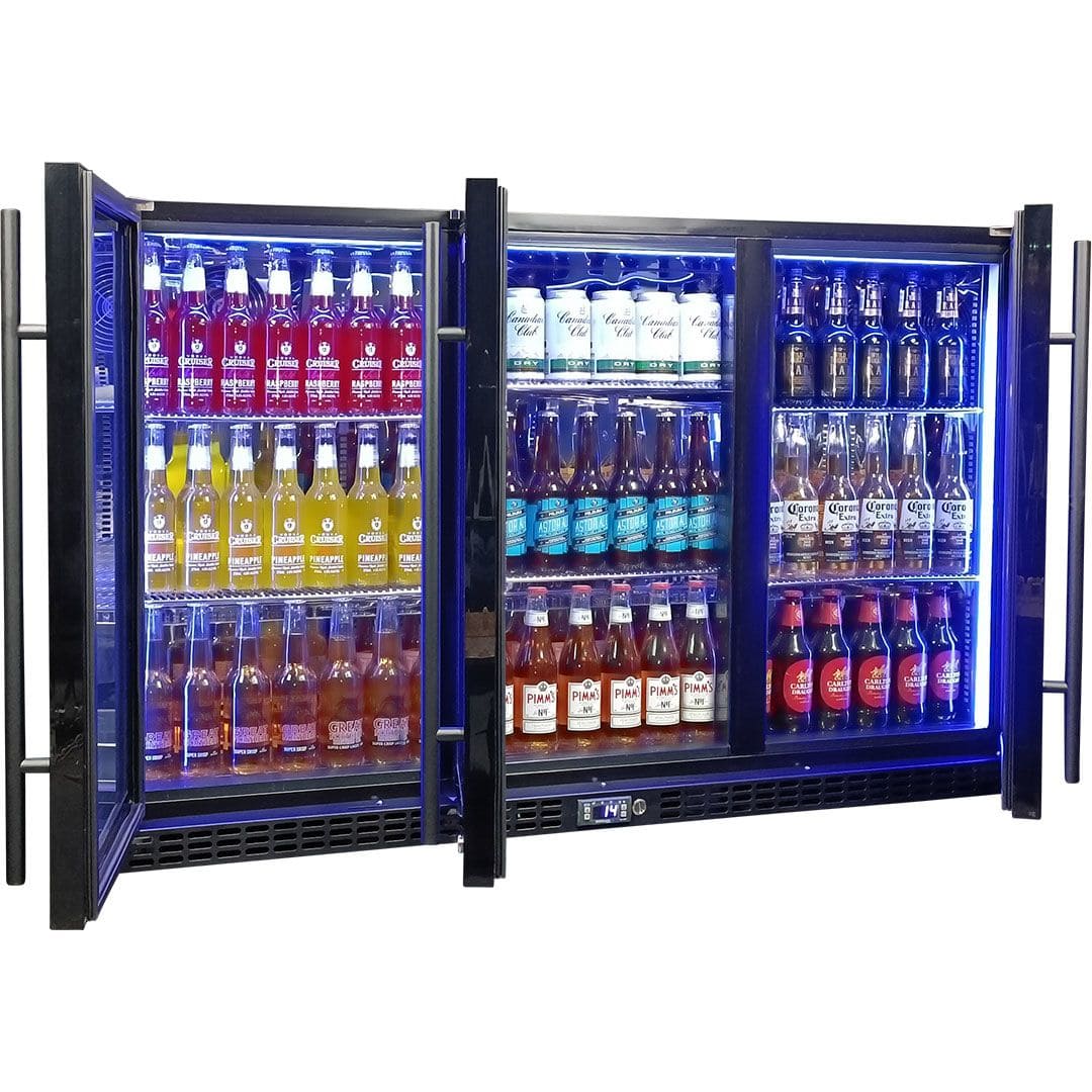 Schmick Black 3 Door Quiet Running Heated Glass Door Bar Fridge