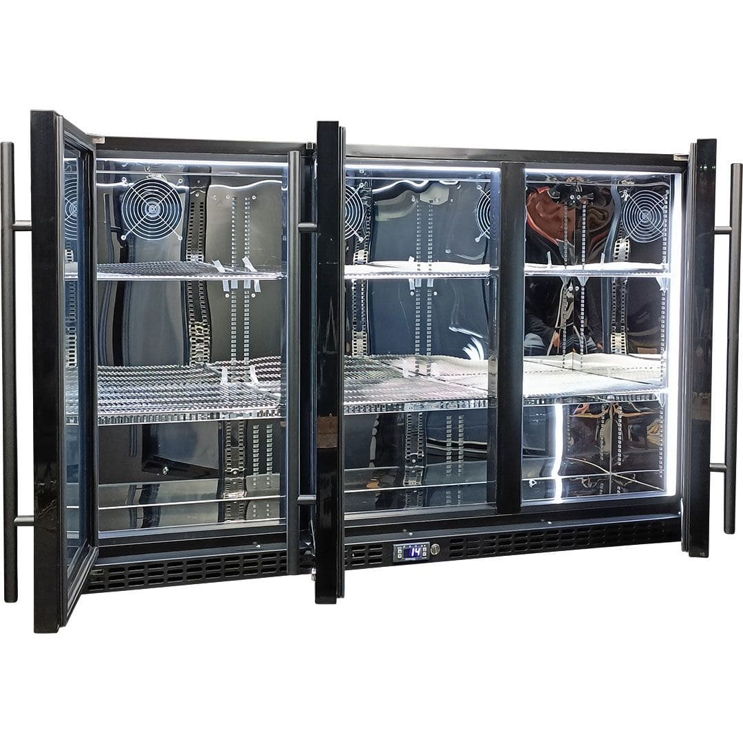 Schmick Black 3 Door Quiet Running Heated Glass Door Bar Fridge