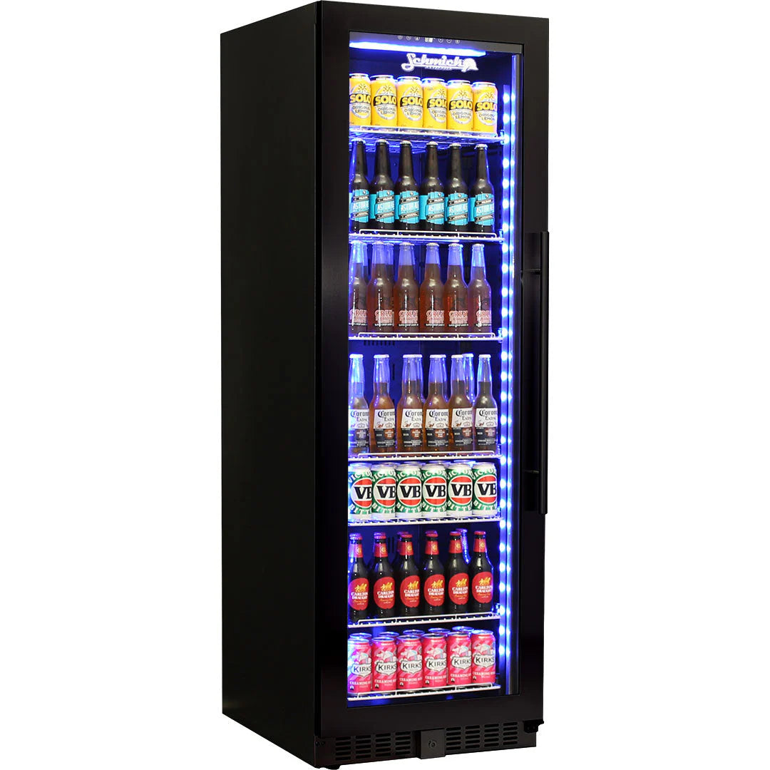 Schmick Glass Door Upright 405L Black Bar Fridge Left Hinged