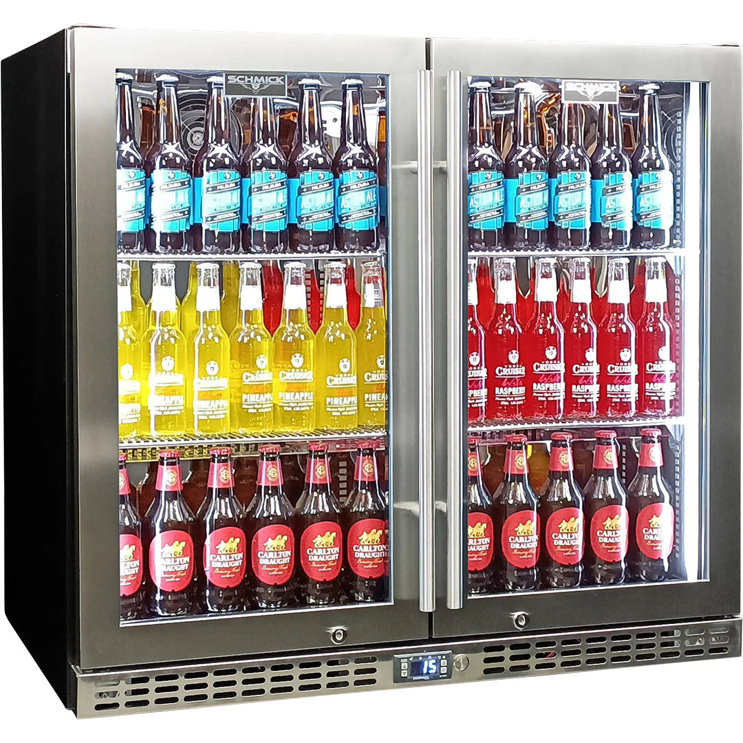 Schmick Twin Door Quiet Running Stainless Steel Heated Glass Door Bar Fridge