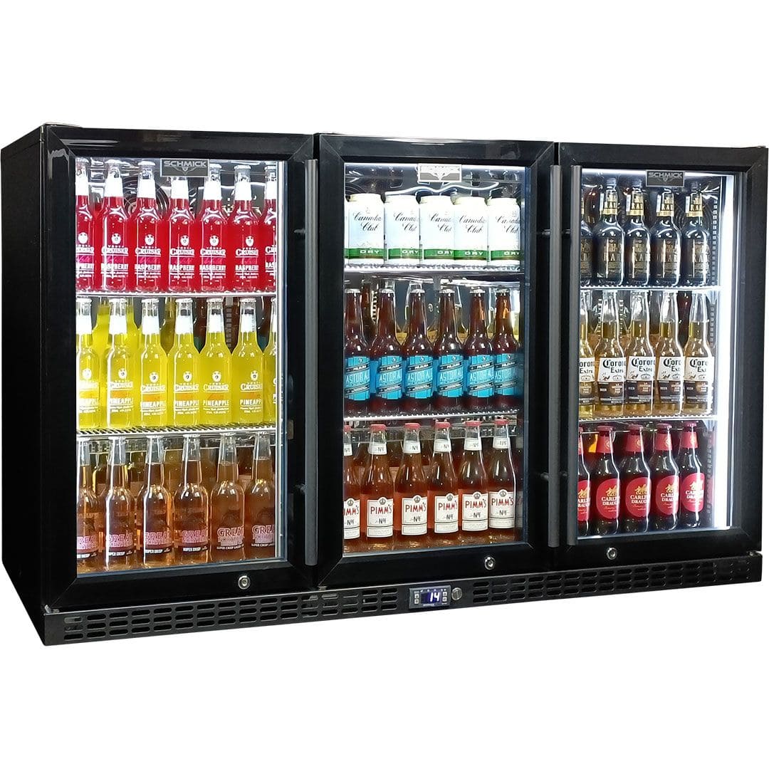 Schmick 3 Door Quiet Running Triple Glazed Black Glass Door Bar Fridge