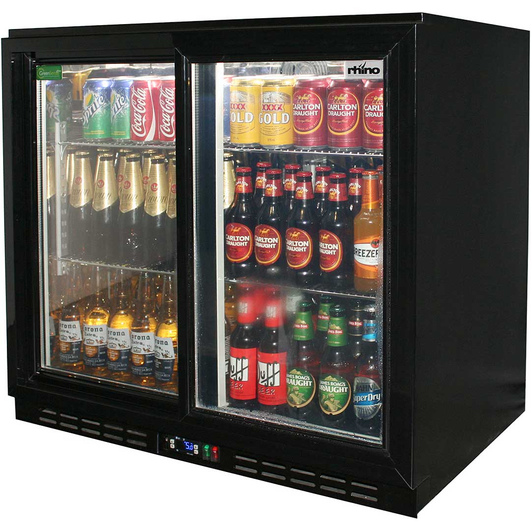 Rhino Black Glass Sliding Under Bench 2 Door Bar Fridge 208L