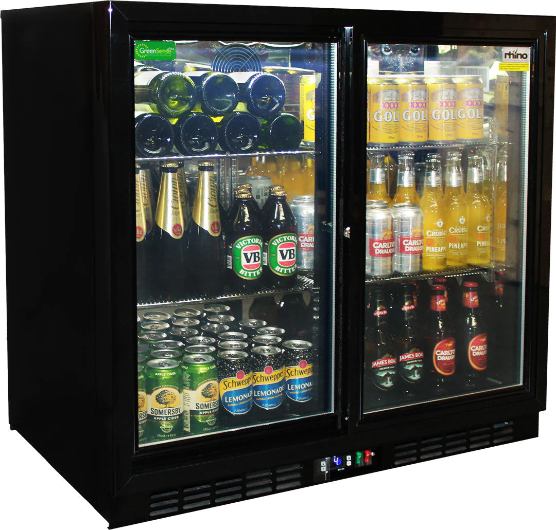 Rhino Black Glass Sliding Under Bench 2 Door Bar Fridge 208L