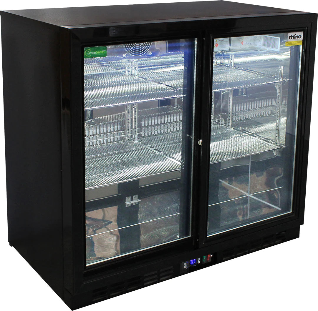 Rhino Black Glass Sliding Under Bench 2 Door Bar Fridge 208L