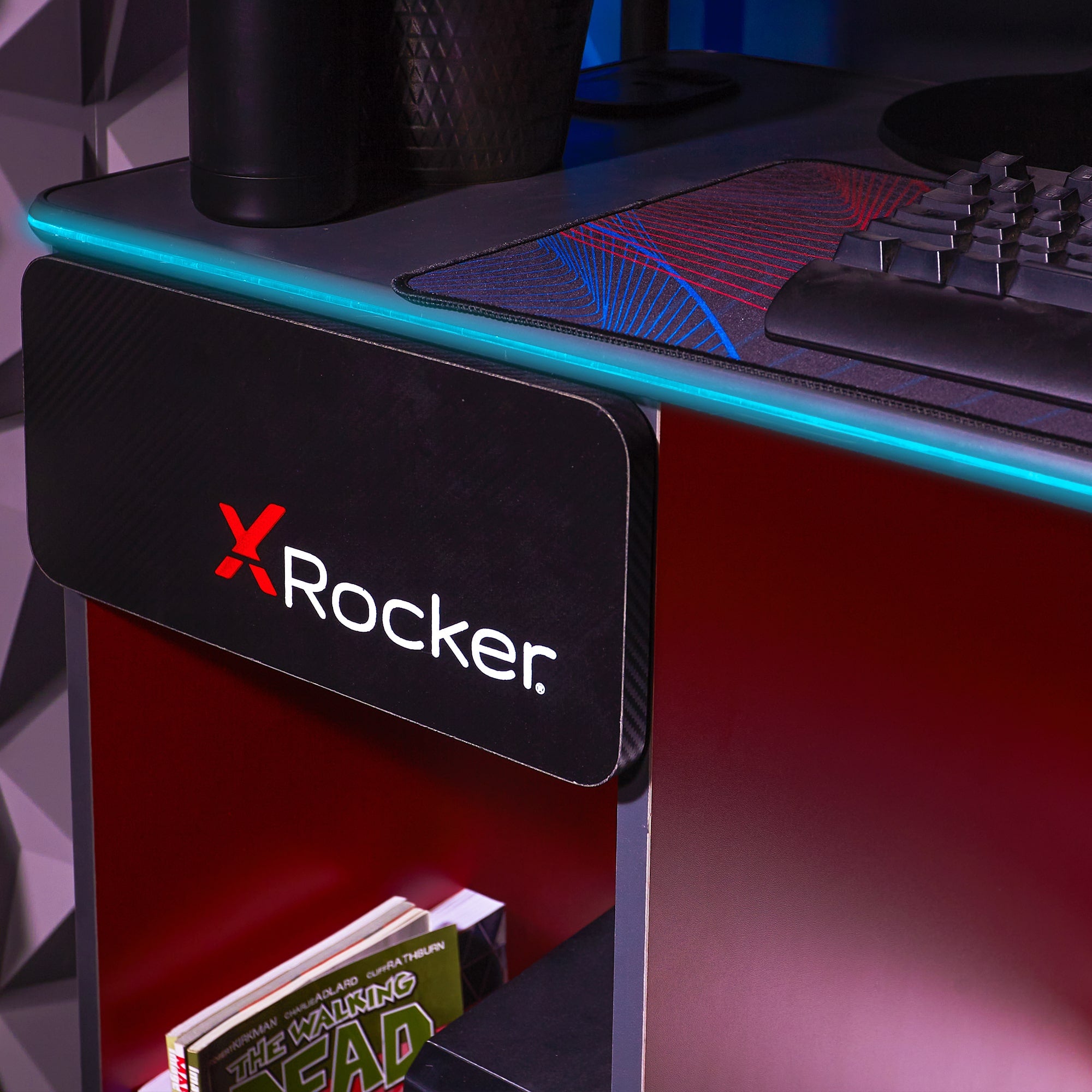 X Rocker Carbon-Tek Desk with Neo Fibre LED Lighting and Wireless Charging - Black