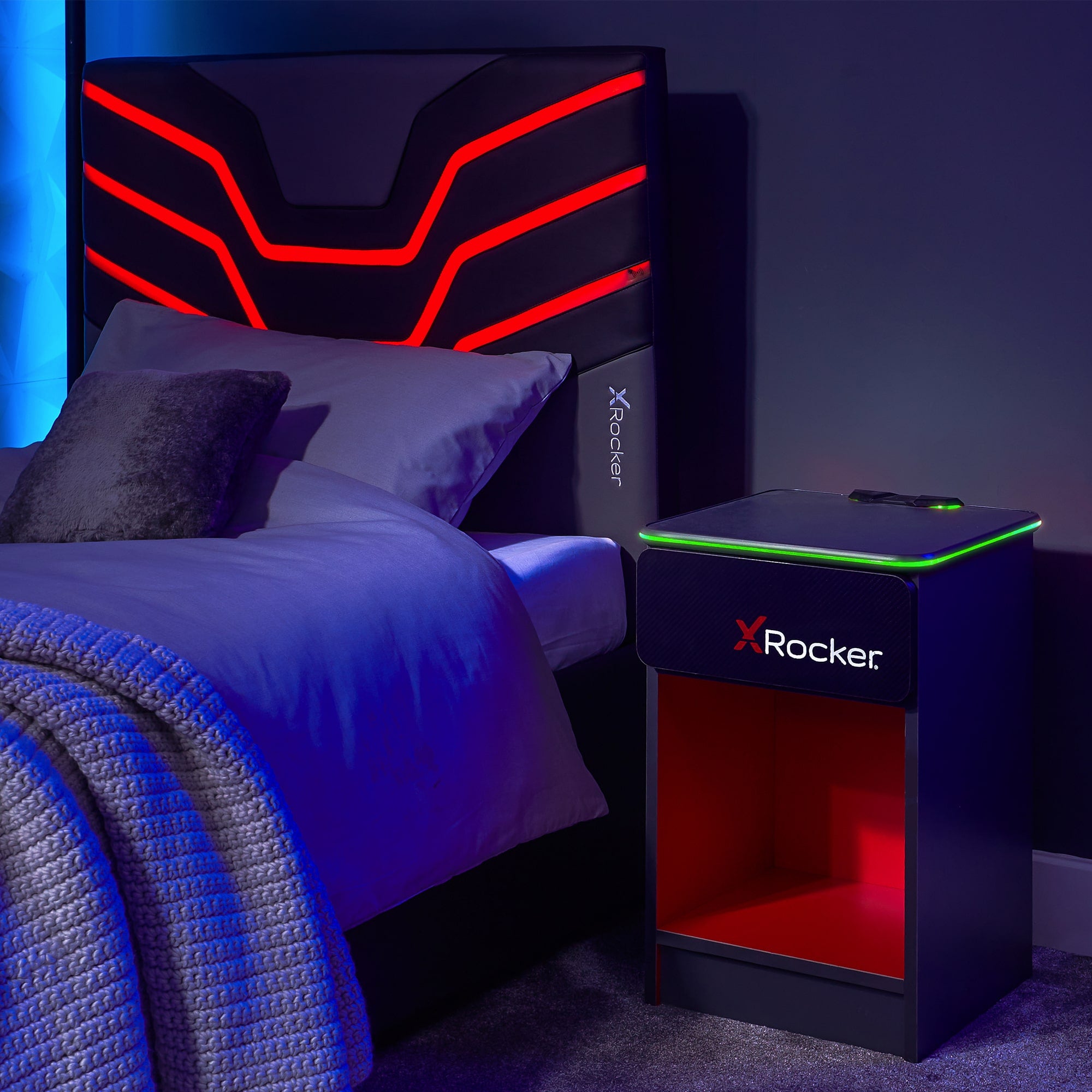 Table X Rocker Xl X Rocker Carbon-Tek Bedside Table with Wireless Charging and LED Light ...
