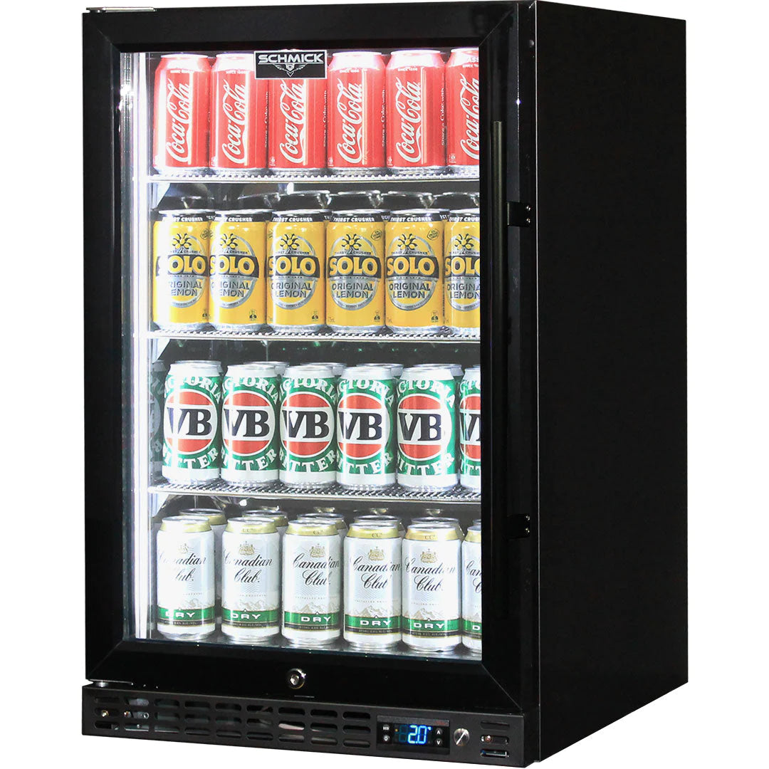 Schmick Under Bench Heated Glass Door Black 121L Bar Fridge