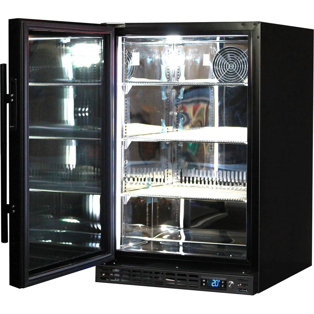 Schmick Under Bench Heated Glass Door Black 121L Bar Fridge