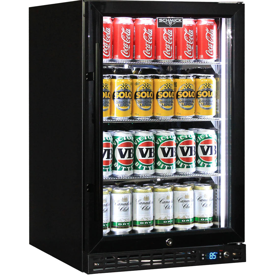 Schmick Under Bench Heated Glass Door Black 121L Bar Fridge