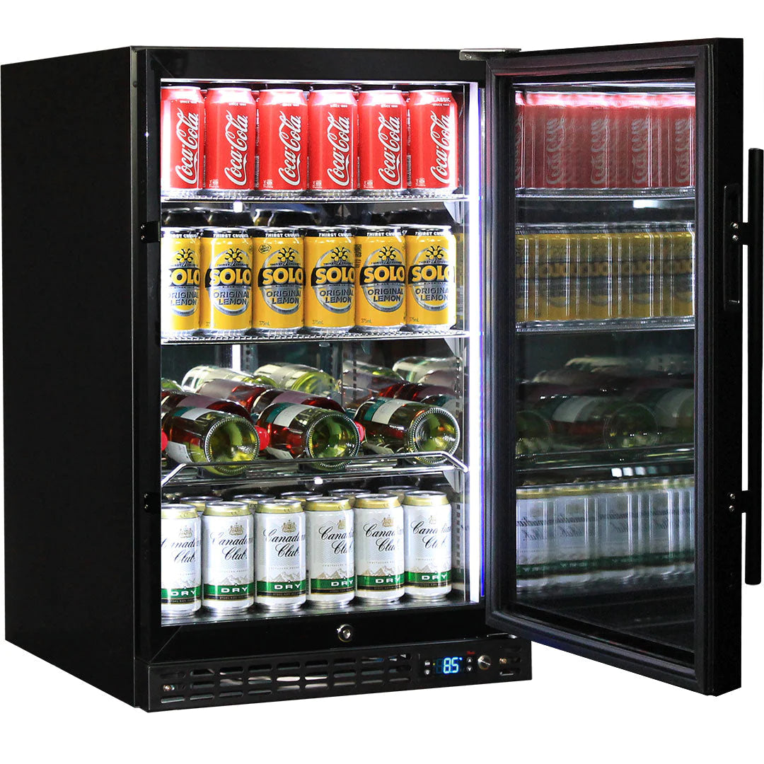 Schmick Under Bench Heated Glass Door Black 121L Bar Fridge