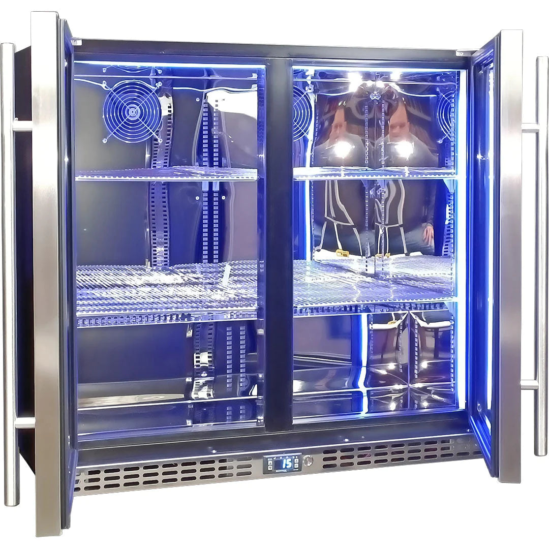 Schmick Twin Door Quiet Running Stainless Steel Heated Glass Door Bar Fridge