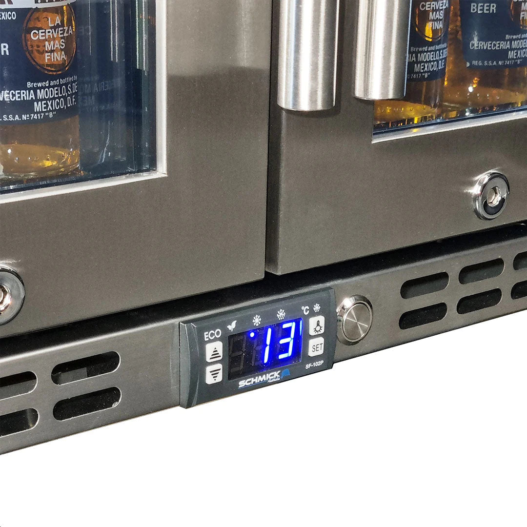 Schmick Twin Door Quiet Running Stainless Steel Heated Glass Door Bar Fridge