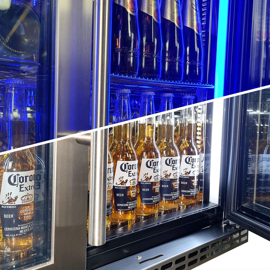 Schmick Twin Door Quiet Running Stainless Steel Heated Glass Door Bar Fridge