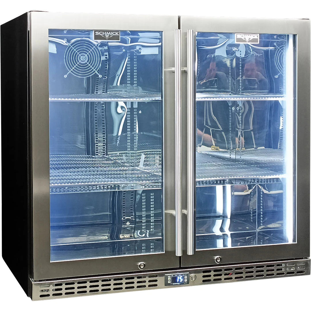 Schmick Twin Door Quiet Running Stainless Steel Heated Glass Door Bar Fridge
