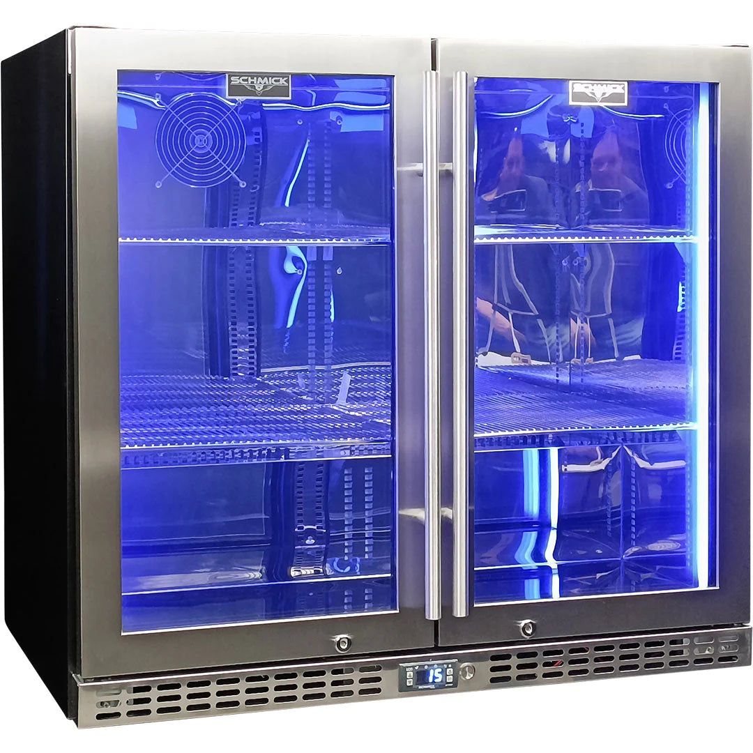 Schmick Twin Door Quiet Running Stainless Steel Heated Glass Door Bar Fridge