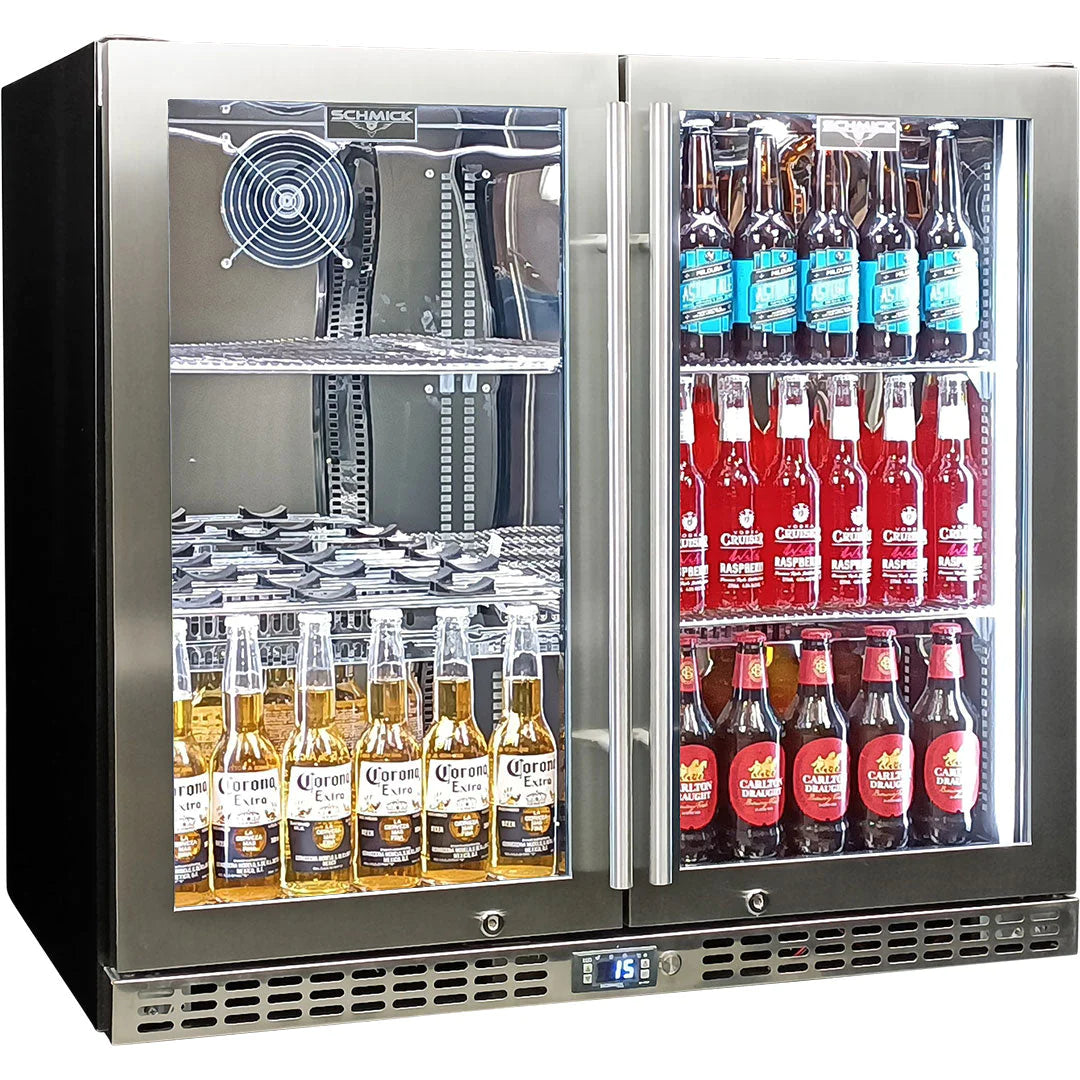 Schmick Twin Door Quiet Running Stainless Steel Heated Glass Door Bar Fridge