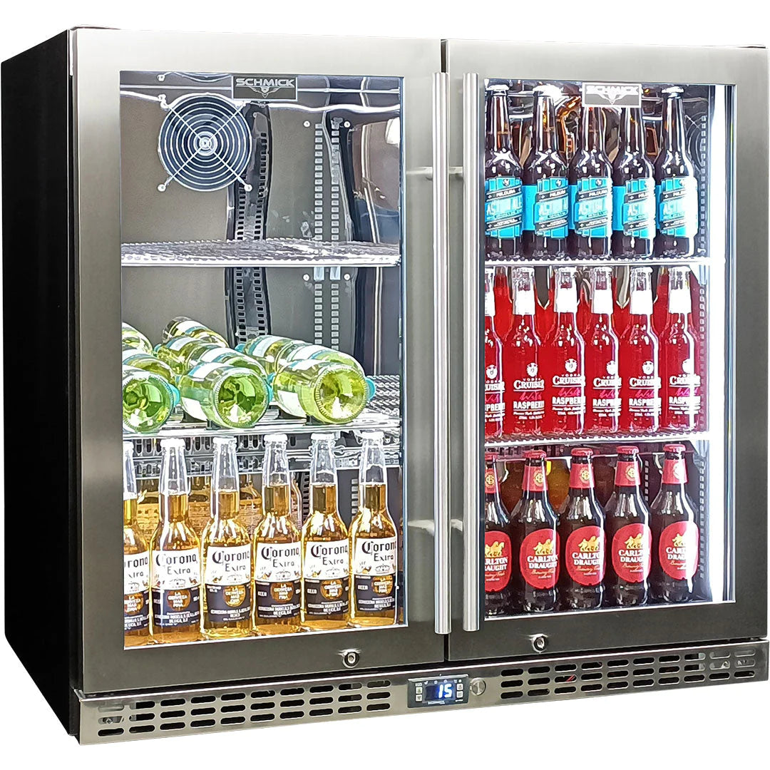 Schmick Twin Door Quiet Running Stainless Steel Heated Glass Door Bar Fridge