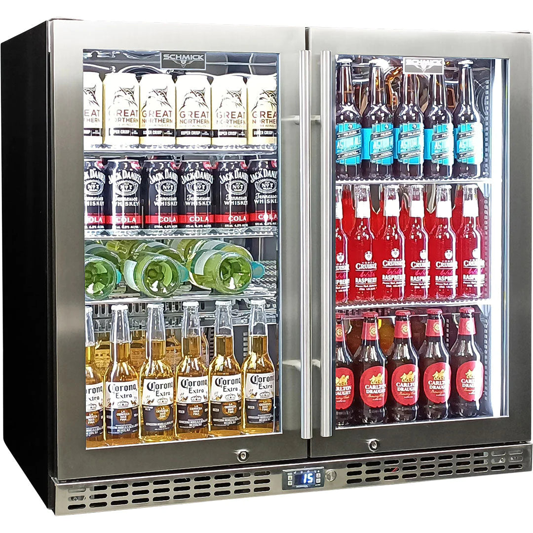 Schmick Twin Door Quiet Running Stainless Steel Heated Glass Door Bar Fridge