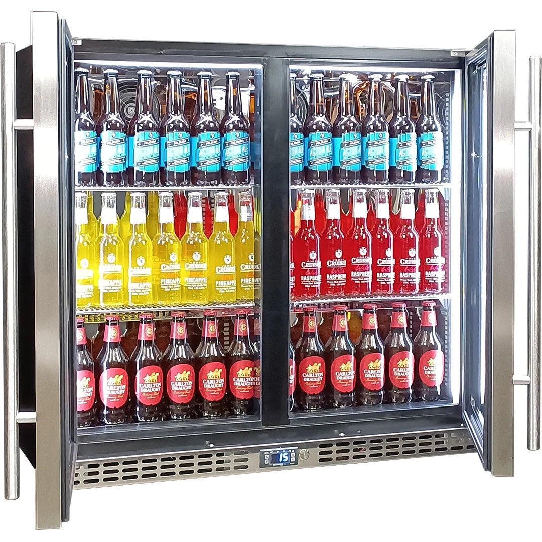 Schmick Twin Door Quiet Running Stainless Steel Heated Glass Door Bar Fridge