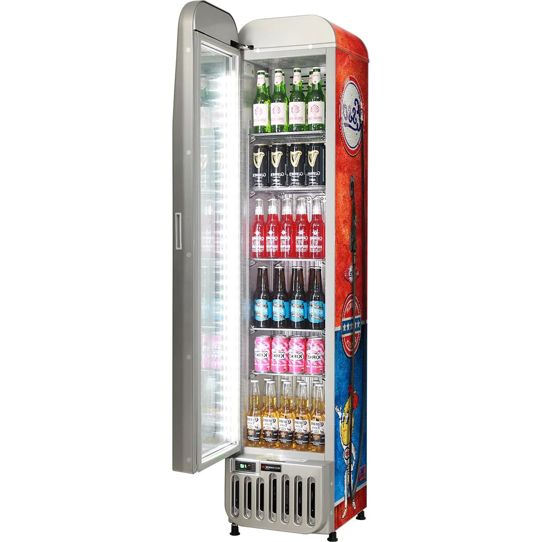 Petrol Pump Branded Glass Door Upright 135L Bar Fridge