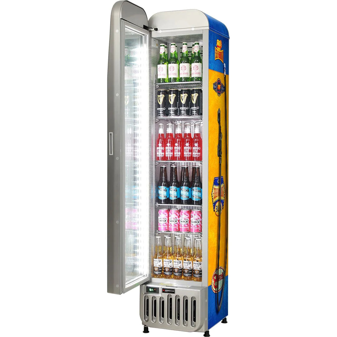 Petrol Pump Branded Glass Door Upright 135L Bar Fridge