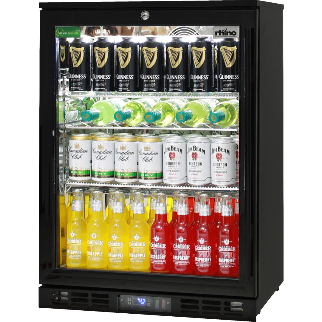 Rhino Quiet Running Single Glass Door Black 129L Bar Fridge