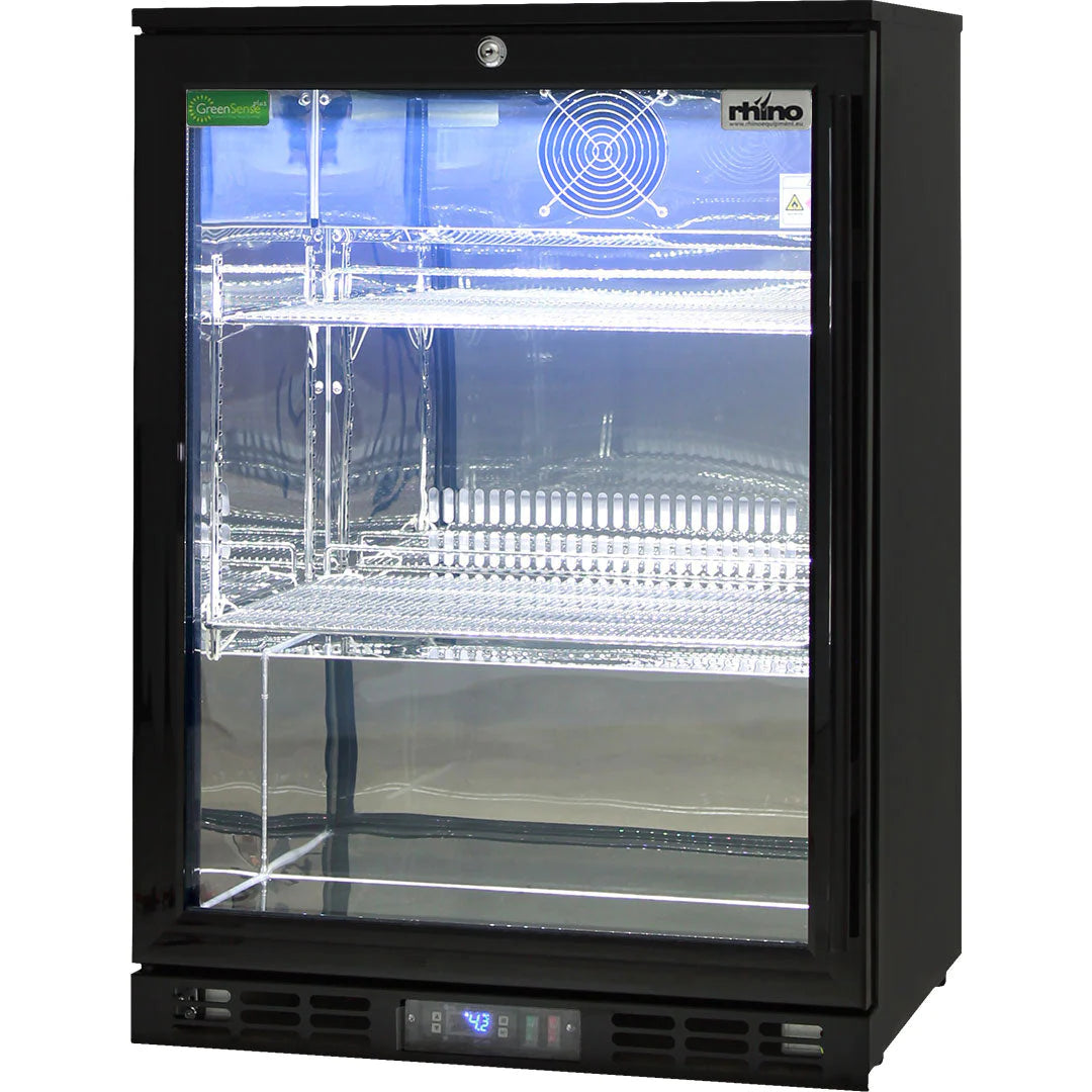 Rhino Quiet Running Single Glass Door Black 129L Bar Fridge