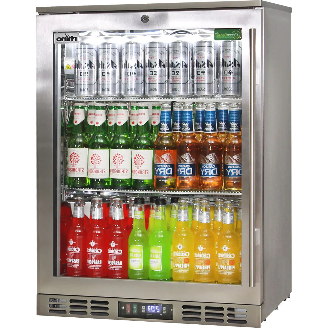 Rhino Stainless Steel Quiet Heated Glass Door Bar Fridge 129L