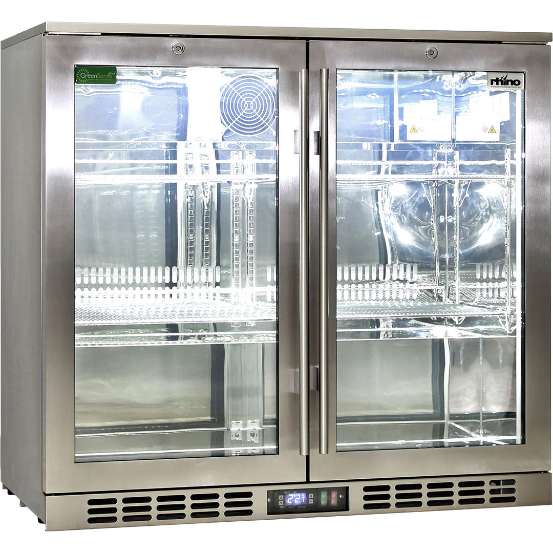 Rhino Stainless Steel 2 Door Heated Glass 208L Bar Fridge