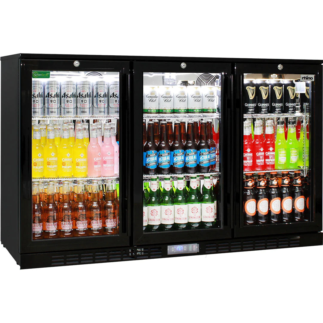 Commercial Heated Glass 3 Door Black Under Bench 330L Bar Fridge