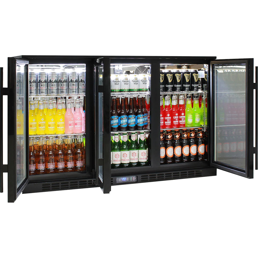 Commercial Heated Glass 3 Door Black Under Bench 330L Bar Fridge