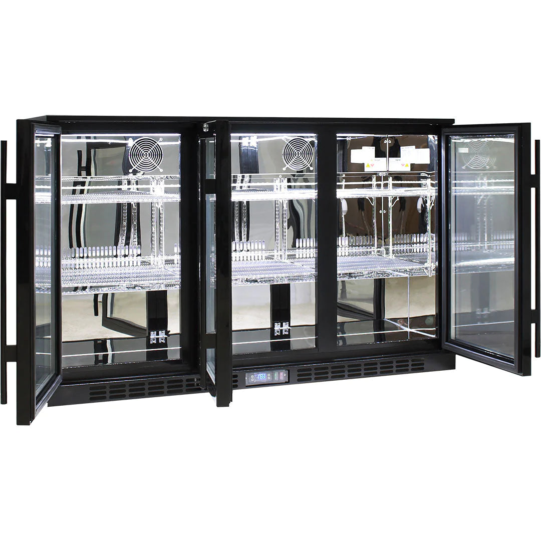 Commercial Heated Glass 3 Door Black Under Bench 330L Bar Fridge