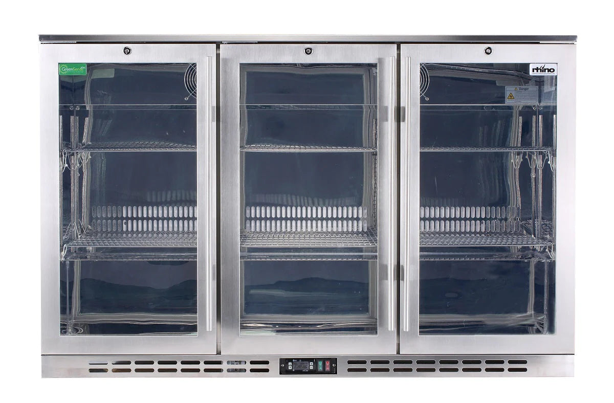 Rhino Stainless Steel 3 Door Heated Glass 330L Bar Fridge