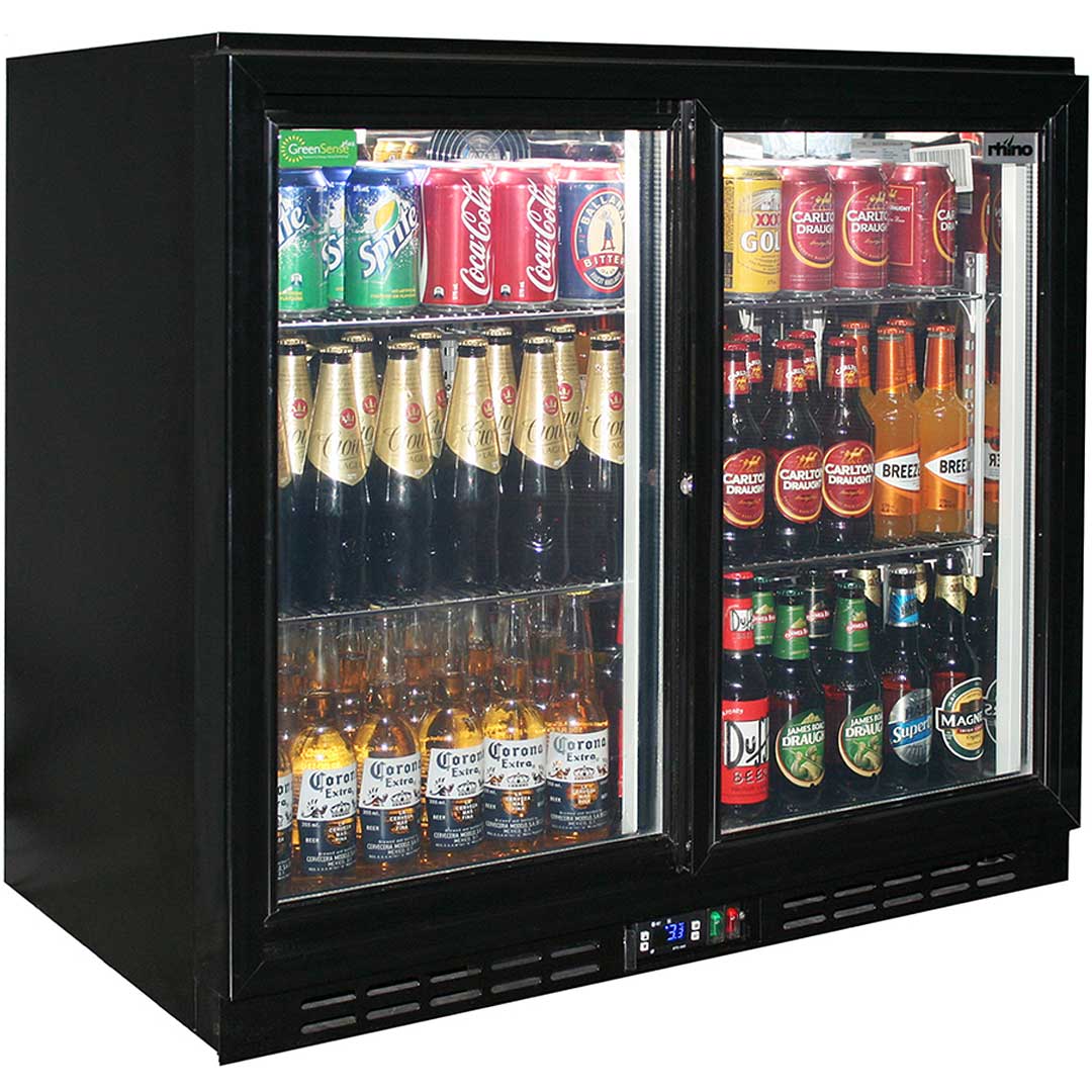 Rhino Black Glass Sliding Under Bench 2 Door Bar Fridge 208L