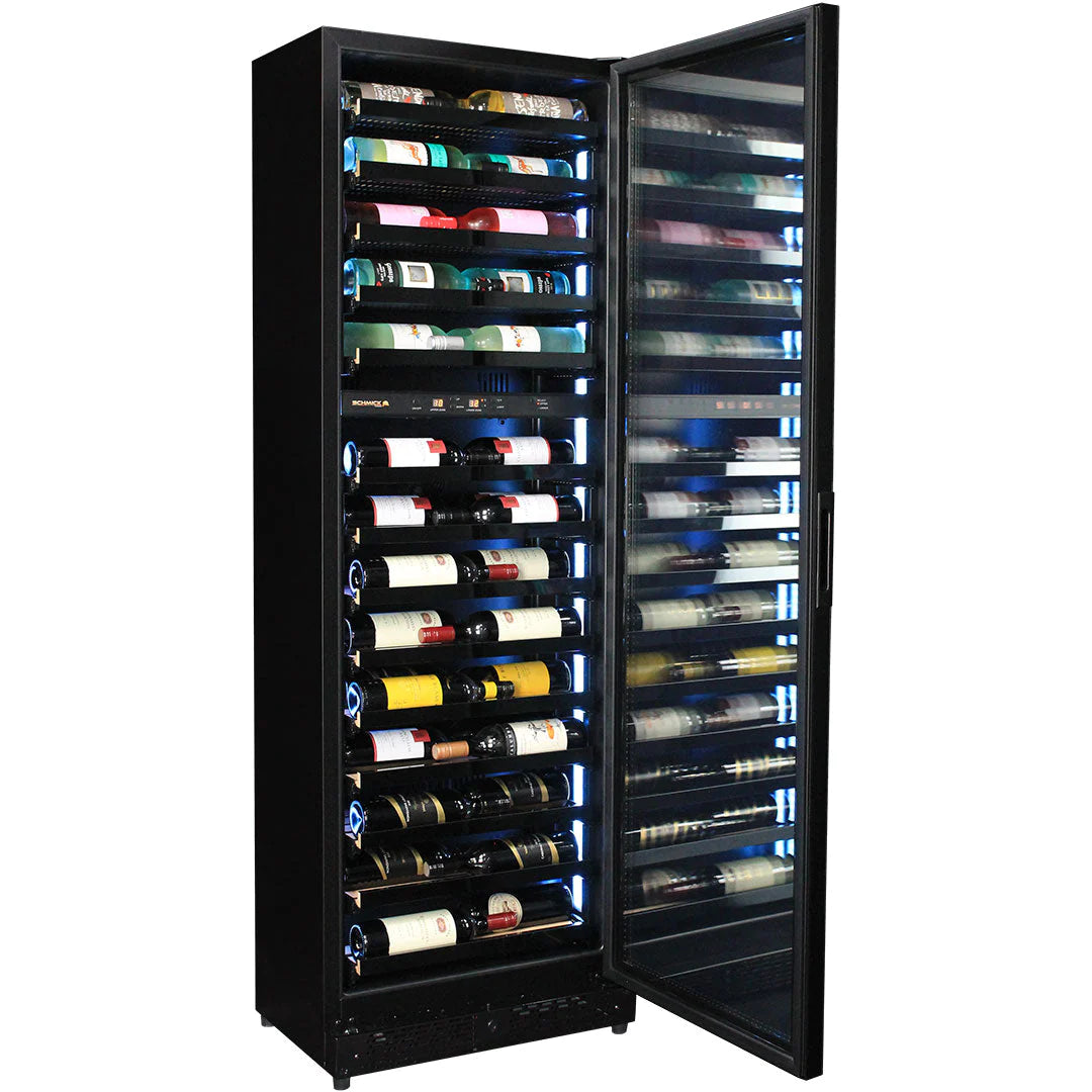 Upright Black Slim Depth Quiet Running 2 Zone Wine Fridge With LED