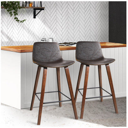 Artiss Set of 2 PU Leather Bar Stools Square Footrest - Wood and Brown