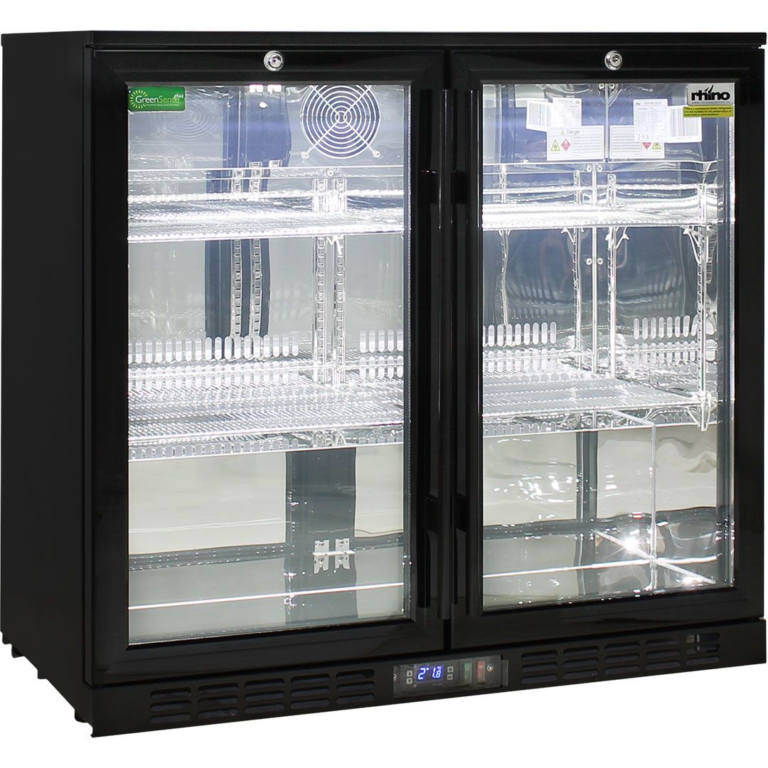 Commercial Under Bench Black Glass Double Door Bar Fridge